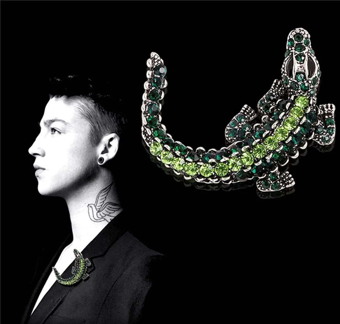 Premium Crocodile Brooch Colourful Crystal Rhinestone Crocodile Alligator Brooch Pin Personality Animal Lapel Backpack Badge Hat Bag Decoration Accessories for Men and Women