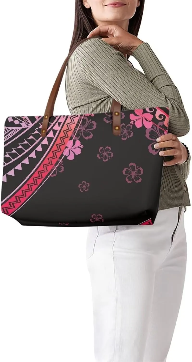 PU Leather Purse Samoan Polynesian Tribal Large Capacity Tote Bag Shoulder Bags Wallet Set 2pcs Shoulder Bags
