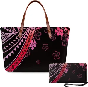 PU Leather Purse Samoan Polynesian Tribal Large Capacity Tote Bag Shoulder Bags Wallet Set 2pcs Shoulder Bags
