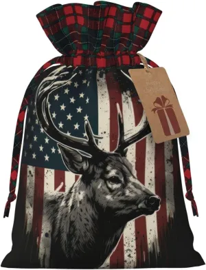 PUTWULB Deer Camo Camouflage American Flag Hunting Christmas Gift Bag, Candies Drawstring Bag for Xmas Party Favor Supplies Wrapping