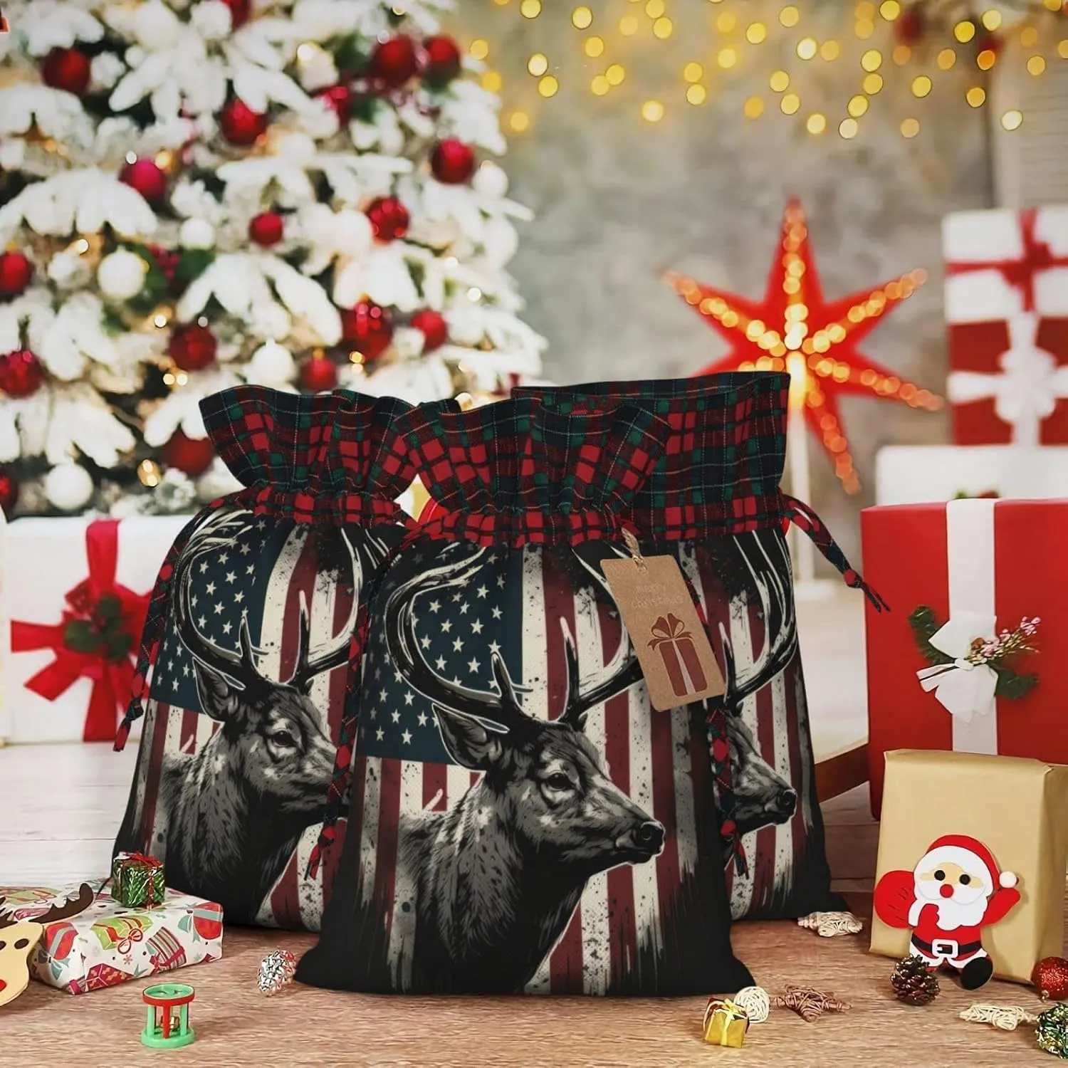 PUTWULB Deer Camo Camouflage American Flag Hunting Christmas Gift Bag, Candies Drawstring Bag for Xmas Party Favor Supplies Wrapping