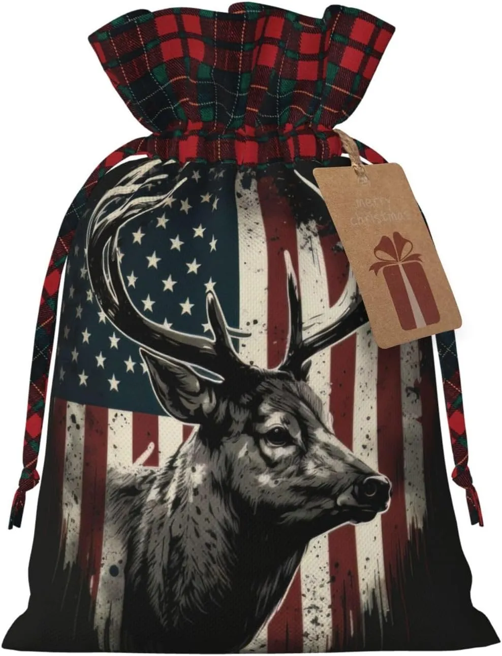 PUTWULB Deer Camo Camouflage American Flag Hunting Christmas Gift Bag, Candies Drawstring Bag for Xmas Party Favor Supplies Wrapping