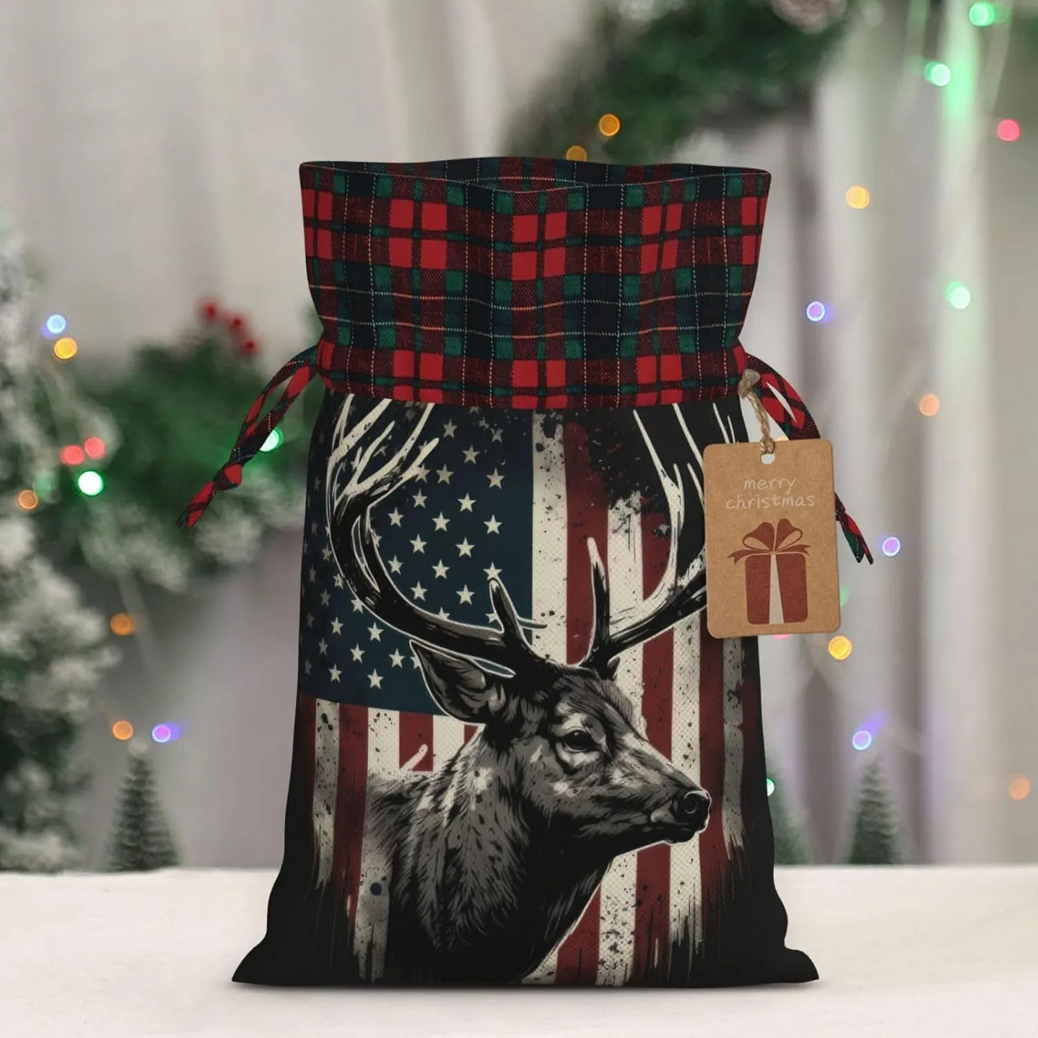 PUTWULB Deer Camo Camouflage American Flag Hunting Christmas Gift Bag, Candies Drawstring Bag for Xmas Party Favor Supplies Wrapping