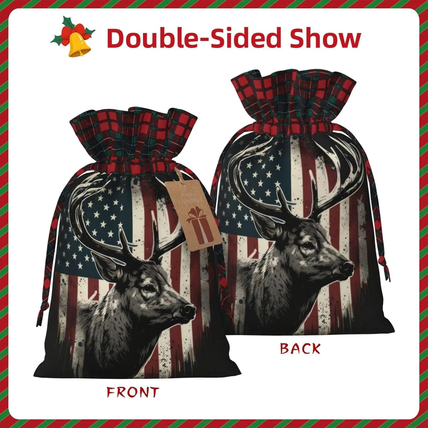 PUTWULB Deer Camo Camouflage American Flag Hunting Christmas Gift Bag, Candies Drawstring Bag for Xmas Party Favor Supplies Wrapping