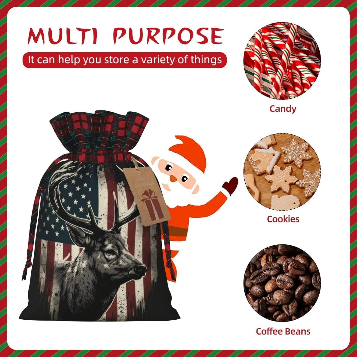 PUTWULB Deer Camo Camouflage American Flag Hunting Christmas Gift Bag, Candies Drawstring Bag for Xmas Party Favor Supplies Wrapping