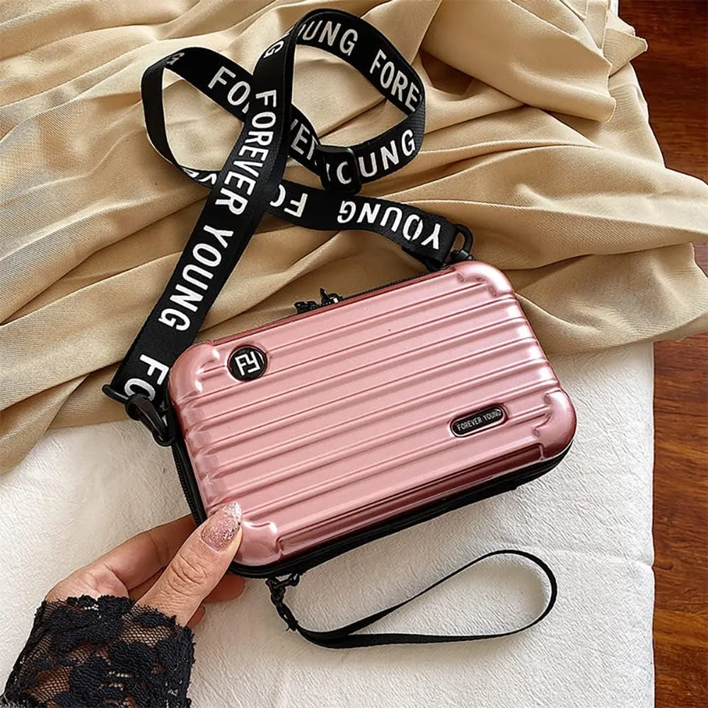 PVC Hard Shell Travel Multi-Function Luggage,Women's Portable Toiletry And Makeup Bag, Alphabet Strap Storage Crossbody Bag (Rose Gold)