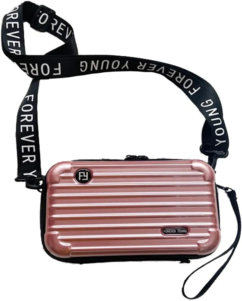 PVC Hard Shell Travel Multi-Function Luggage,Women's Portable Toiletry And Makeup Bag, Alphabet Strap Storage Crossbody Bag (Rose Gold)