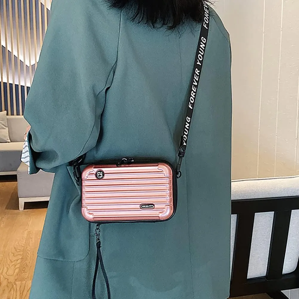 PVC Hard Shell Travel Multi-Function Luggage,Women's Portable Toiletry And Makeup Bag, Alphabet Strap Storage Crossbody Bag (Rose Gold)