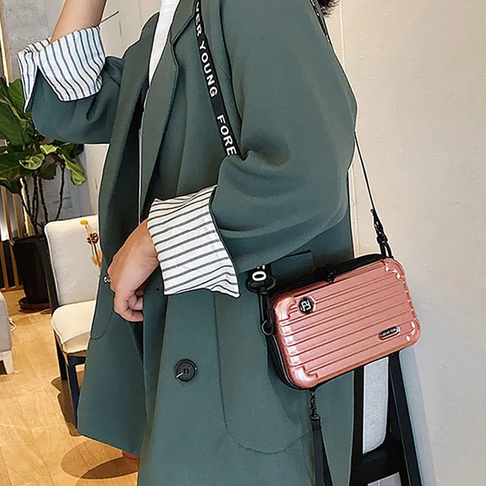 PVC Hard Shell Travel Multi-Function Luggage,Women's Portable Toiletry And Makeup Bag, Alphabet Strap Storage Crossbody Bag (Rose Gold)