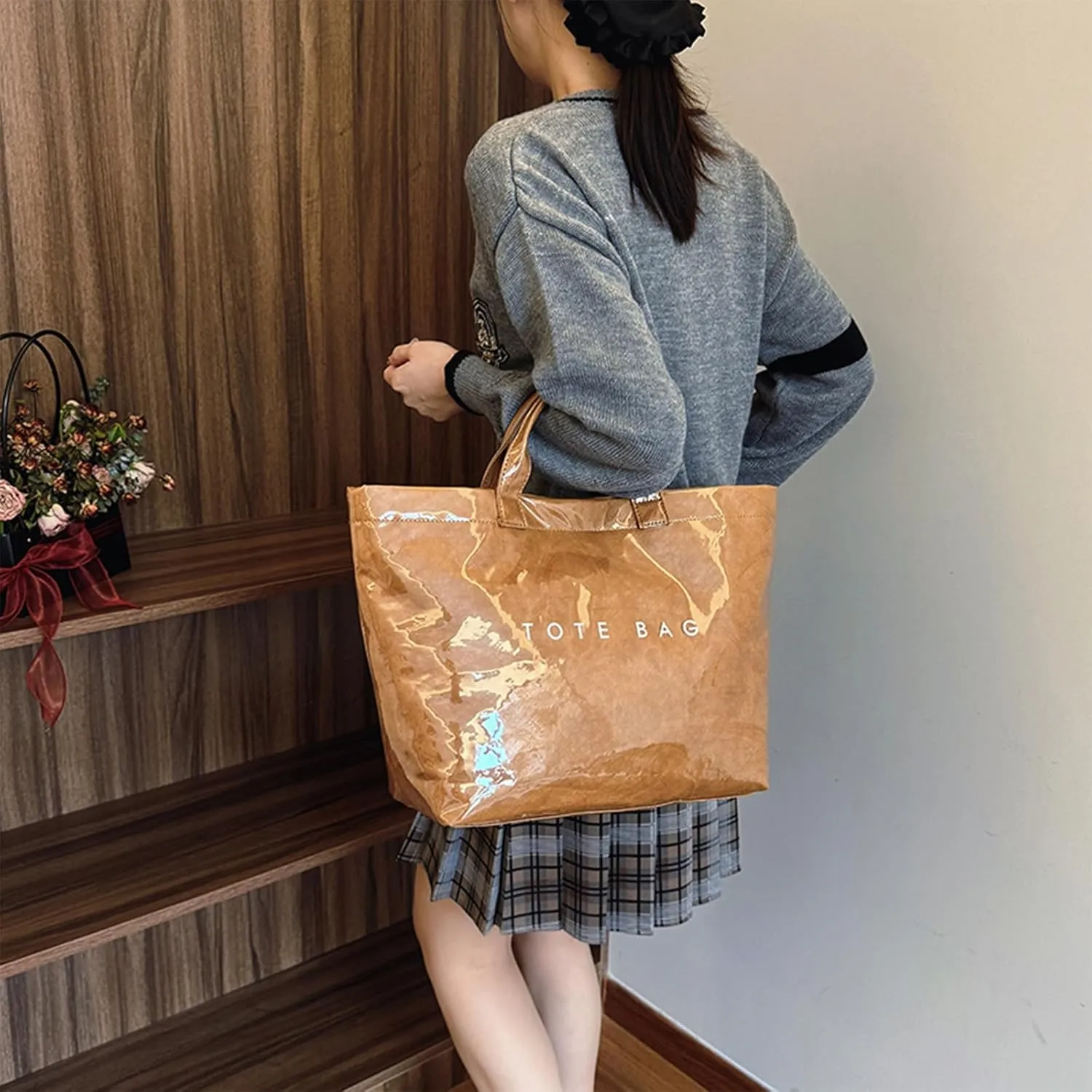 PVC Tote Bag for Women Solid Color Large Letter Print Tote Bag Kraft Paper Clear Plastic Handbag Top Handle Bag