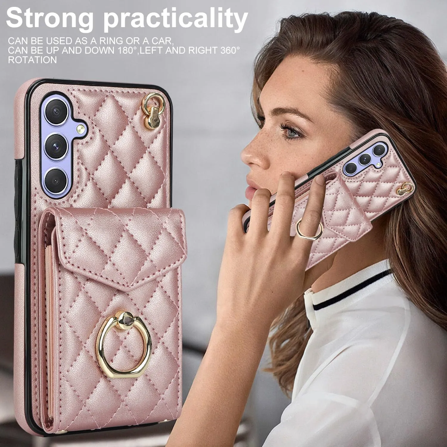 QLTYPRI Crossbody Wallet Case for Samsung Galaxy A26, PU Leather Phone Case with RFID Blocking Card Slots Holder Ring Kickstand Wrist Strap Lanyard Handbag Purse Cover for Samsung A26 - Rose Gold