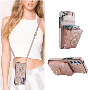 QLTYPRI Crossbody Wallet Case for Samsung Galaxy A26, PU Leather Phone Case with RFID Blocking Card Slots Holder Ring Kickstand Wrist Strap Lanyard Handbag Purse Cover for Samsung A26 - Rose Gold
