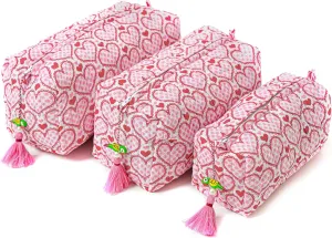 Quilted Floral Makeup Bag Set – Love Blooms Pattern 3 Sizes, Waterproof Lining, Make Up Travel Cosmetic & Toiletry Bags For Traveling Women