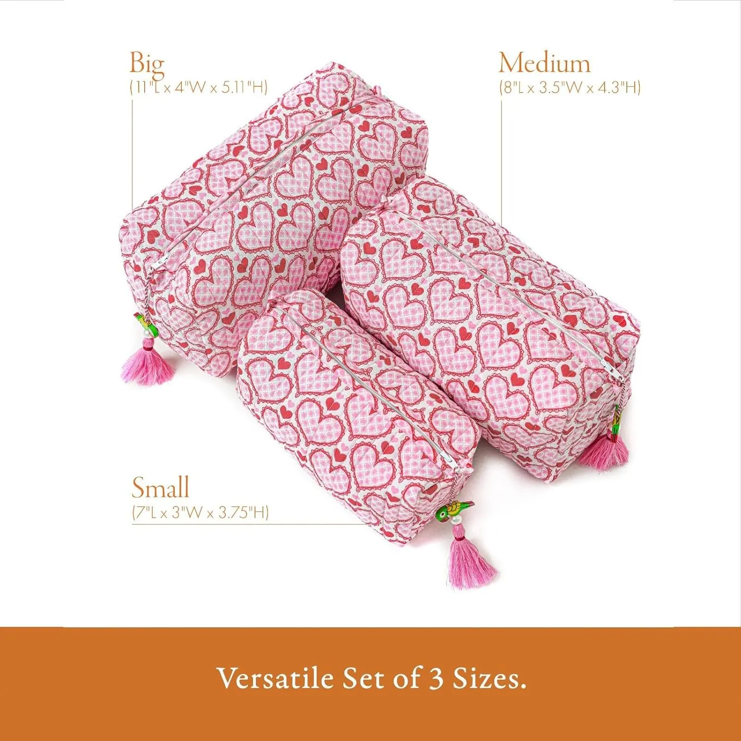 Quilted Floral Makeup Bag Set – Love Blooms Pattern 3 Sizes, Waterproof Lining, Make Up Travel Cosmetic & Toiletry Bags For Traveling Women