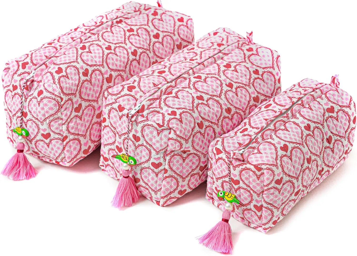 Quilted Floral Makeup Bag Set – Love Blooms Pattern 3 Sizes, Waterproof Lining, Make Up Travel Cosmetic & Toiletry Bags For Traveling Women