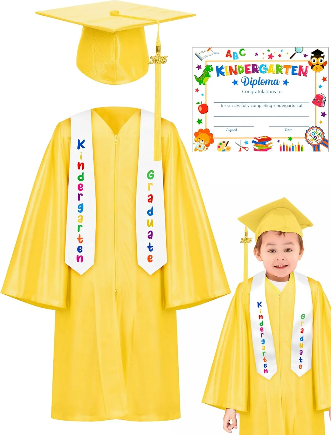 QZYL Kindergarten Graduation Cap and Gown Set, Unisex Congrats Grad Outfit with Tassel & Certificate for Kindergarten
