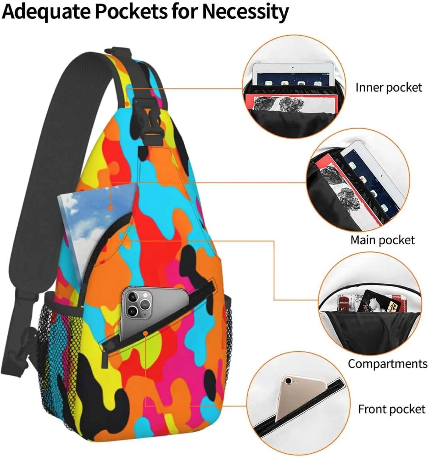 Rainbow Camouflage Sling Bag Adjustable Crossbody Bag Casual Chest Bags Travel Shoulder Backpack For Women Men