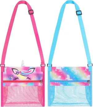 Rainbow Unicorn Shell Bag - 2 Packs 9” x 10” Beach Mesh Bag for Kids Girls with Adjustable Strap Beach Bag Set for Holding Shells Beach Toys Swimming Accessories