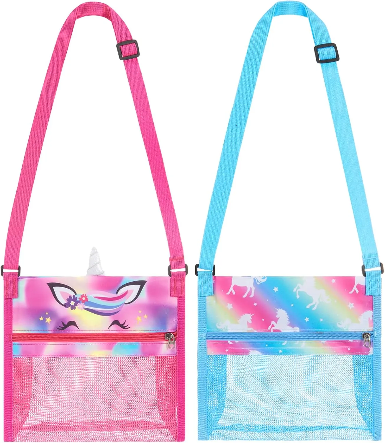 Rainbow Unicorn Shell Bag - 2 Packs 9” x 10” Beach Mesh Bag for Kids Girls with Adjustable Strap Beach Bag Set for Holding Shells Beach Toys Swimming Accessories