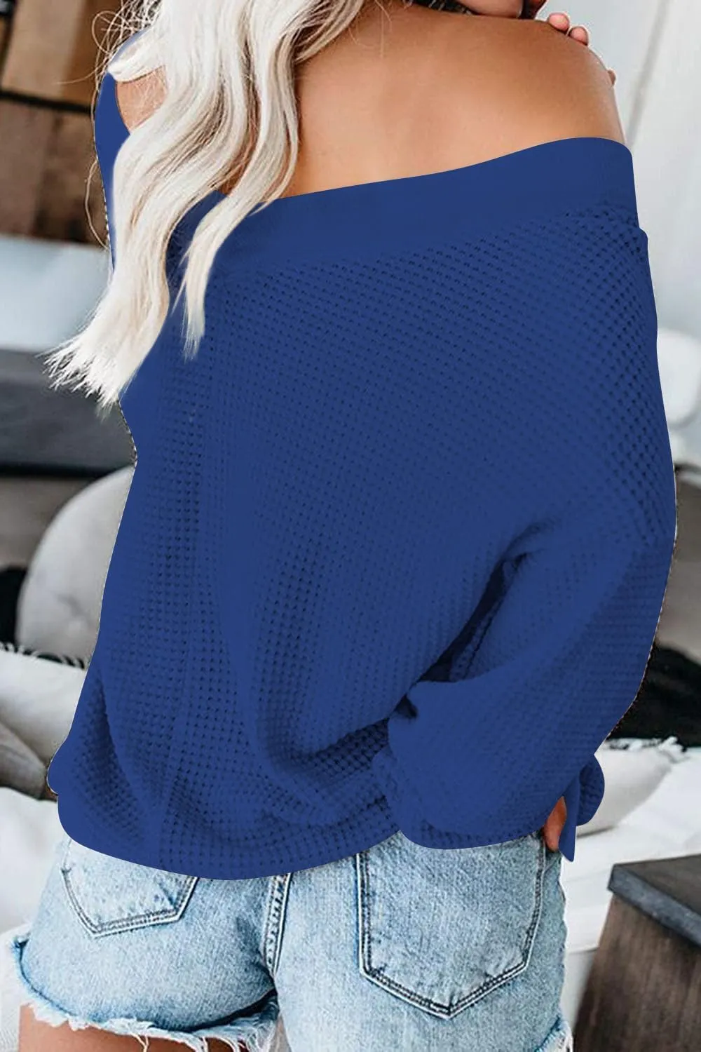 ReachMe Womens Oversized Off The Shoulder Tops Long Sleeve Waffle Knit Shirt Drop Shoulder Sweater Top