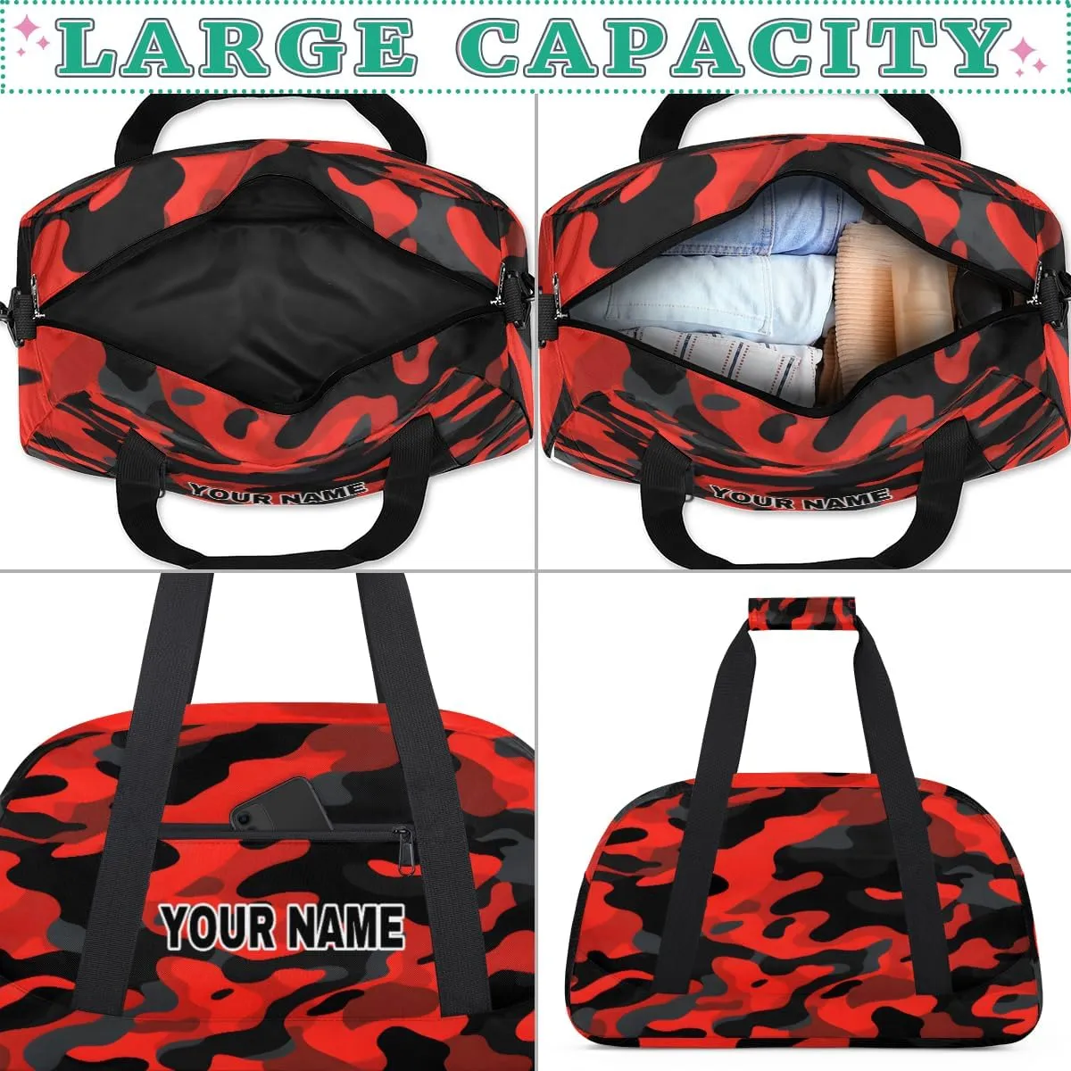 Red Black Camouflage Personalized Kids Duffel Bags for Boys Girls Teen, Custom Sports Gym Bag, Customized Travel Duffel Bag Girls Dance Bag Weekender Overnight Bag for Kids