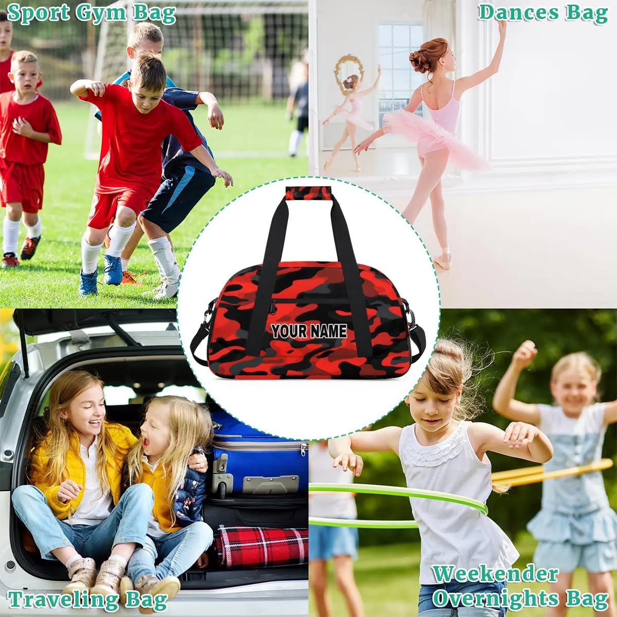 Red Black Camouflage Personalized Kids Duffel Bags for Boys Girls Teen, Custom Sports Gym Bag, Customized Travel Duffel Bag Girls Dance Bag Weekender Overnight Bag for Kids
