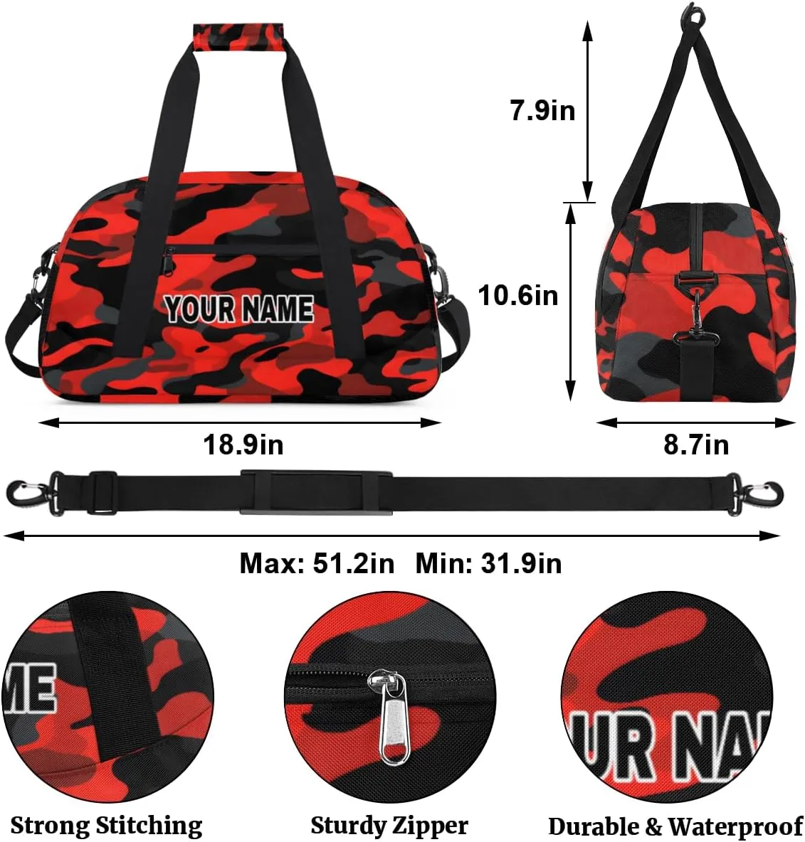 Red Black Camouflage Personalized Kids Duffel Bags for Boys Girls Teen, Custom Sports Gym Bag, Customized Travel Duffel Bag Girls Dance Bag Weekender Overnight Bag for Kids
