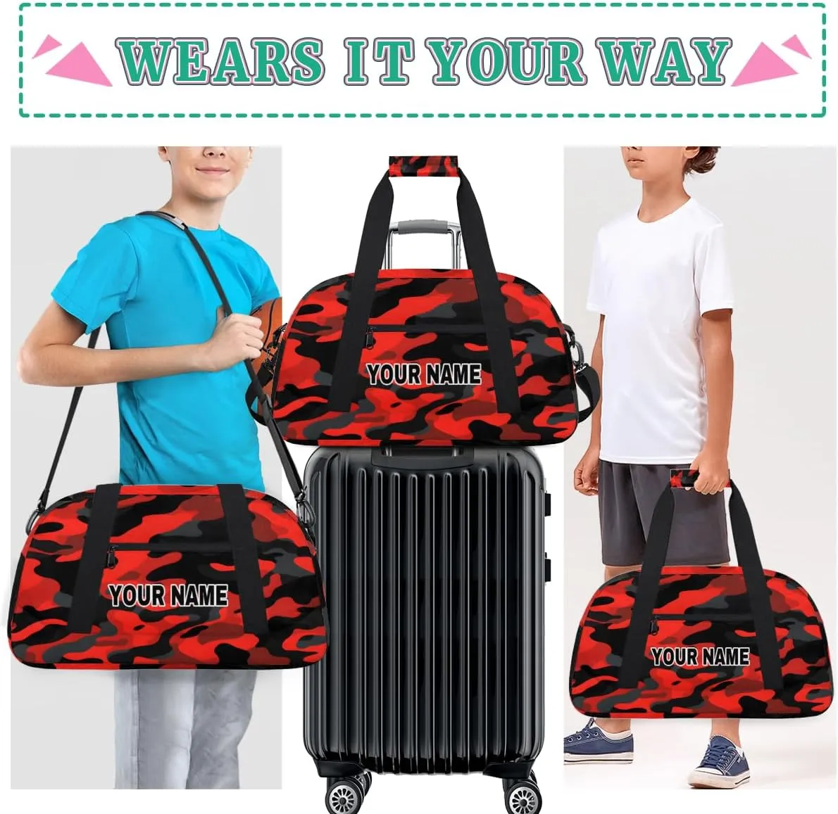 Red Black Camouflage Personalized Kids Duffel Bags for Boys Girls Teen, Custom Sports Gym Bag, Customized Travel Duffel Bag Girls Dance Bag Weekender Overnight Bag for Kids