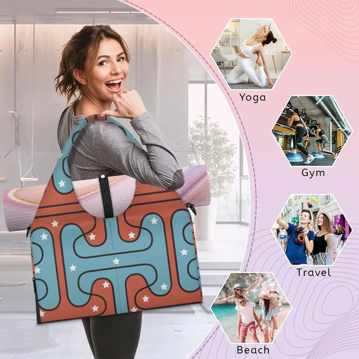 Red Blue Pattern White Star Gym Bag Yoga Mat Tote for Women with Shoes Compartment Lightweight Duffle Travel Carrier Wet Dry Storage Pockets Adjustable Pilates Mats Shoulder Bags for Sport Swim