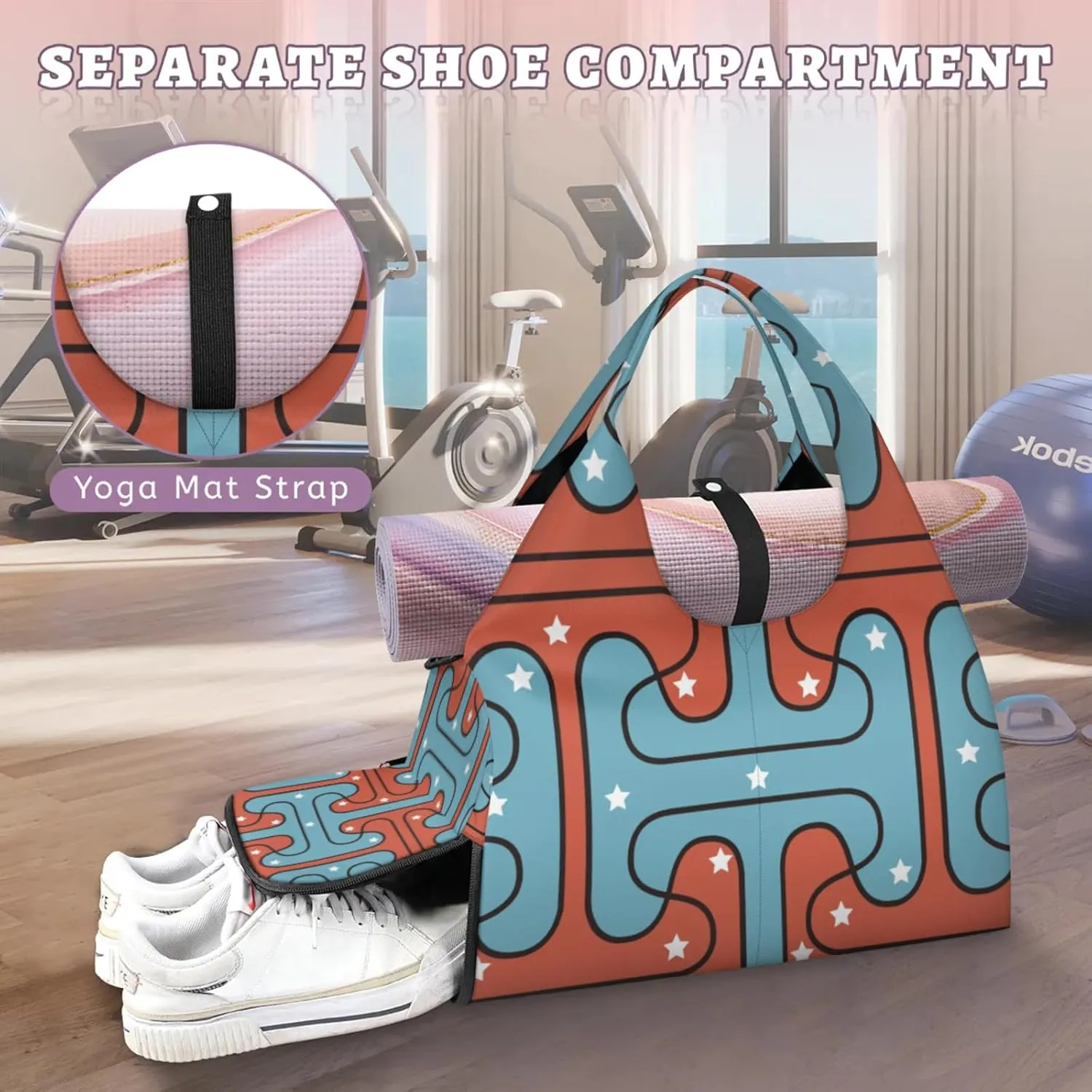 Red Blue Pattern White Star Gym Bag Yoga Mat Tote for Women with Shoes Compartment Lightweight Duffle Travel Carrier Wet Dry Storage Pockets Adjustable Pilates Mats Shoulder Bags for Sport Swim