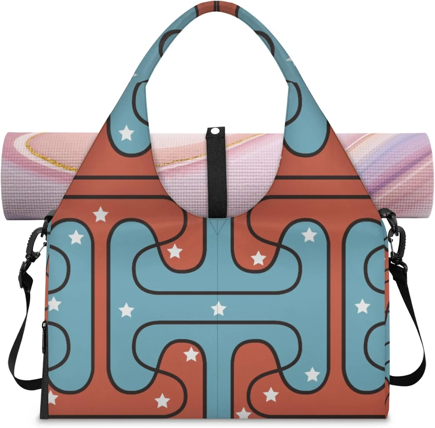 Red Blue Pattern White Star Gym Bag Yoga Mat Tote for Women with Shoes Compartment Lightweight Duffle Travel Carrier Wet Dry Storage Pockets Adjustable Pilates Mats Shoulder Bags for Sport Swim