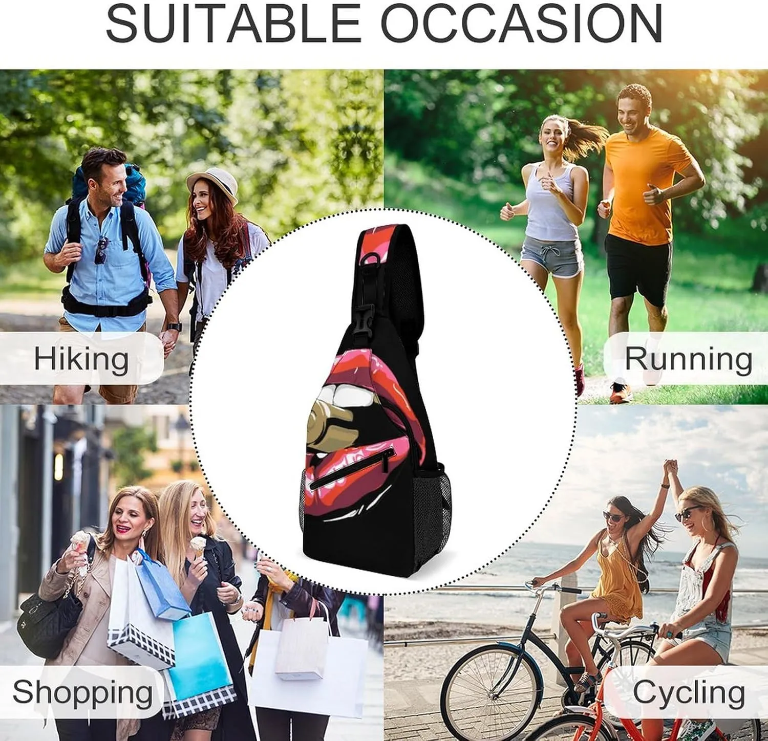 Red Lips Bullets Sling Bag for Women Men Sexy Bite Crossbody Shoulder Bag with Anti Theft,Multipurpose Chest Bag for Travel,Hiking,Cycling,Camping