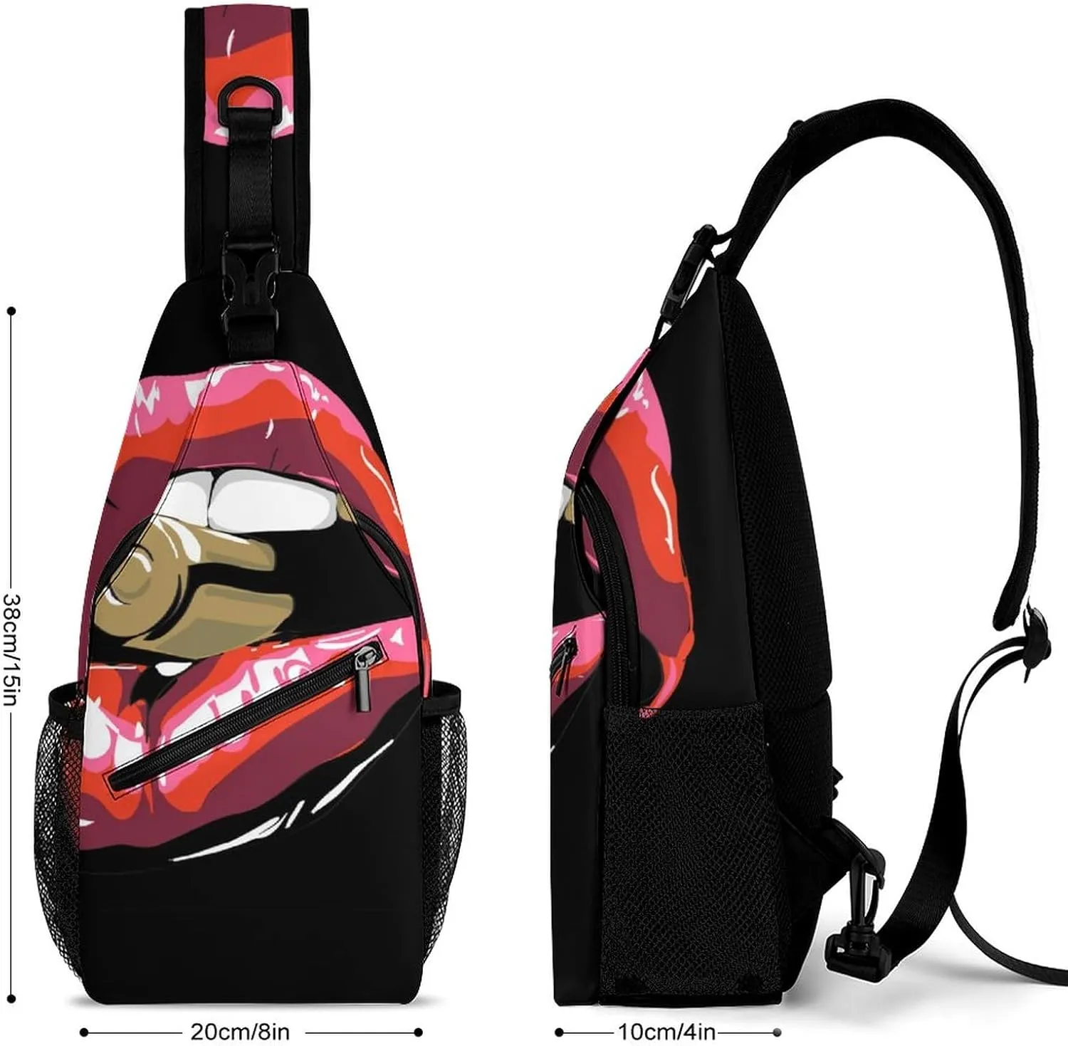 Red Lips Bullets Sling Bag for Women Men Sexy Bite Crossbody Shoulder Bag with Anti Theft,Multipurpose Chest Bag for Travel,Hiking,Cycling,Camping