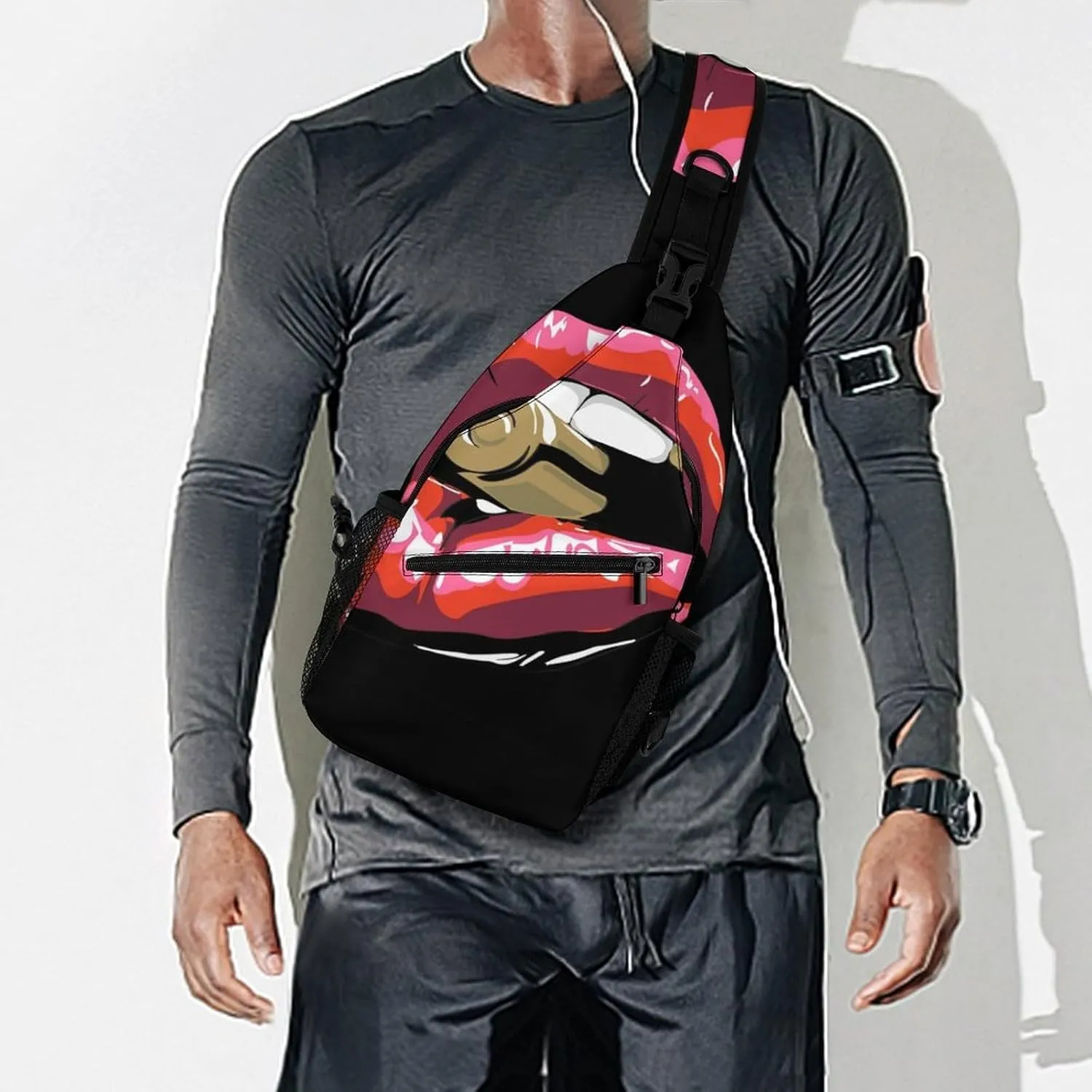 Red Lips Bullets Sling Bag for Women Men Sexy Bite Crossbody Shoulder Bag with Anti Theft,Multipurpose Chest Bag for Travel,Hiking,Cycling,Camping