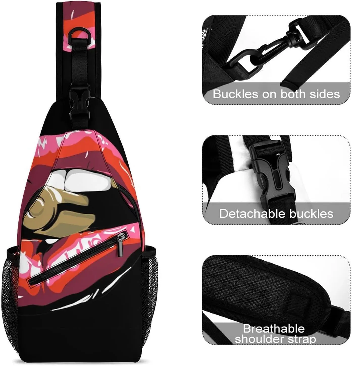 Red Lips Bullets Sling Bag for Women Men Sexy Bite Crossbody Shoulder Bag with Anti Theft,Multipurpose Chest Bag for Travel,Hiking,Cycling,Camping