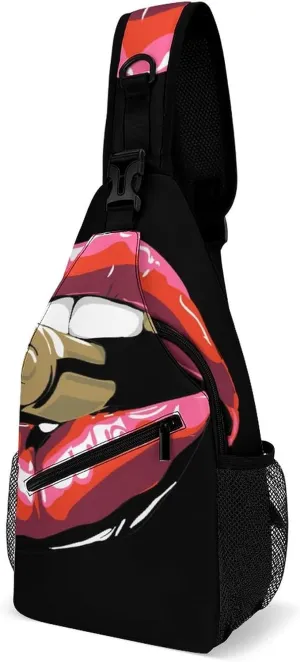 Red Lips Bullets Sling Bag for Women Men Sexy Bite Crossbody Shoulder Bag with Anti Theft,Multipurpose Chest Bag for Travel,Hiking,Cycling,Camping