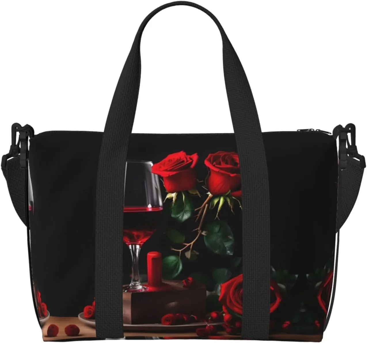 Red Rose and Wine Romantic Lovers Decor print Travel Duffel Bag,workout duffel bag, overnight shoulder Bag,Weekender Bag for Women Men