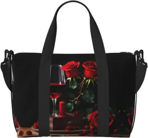 Red Rose and Wine Romantic Lovers Decor print Travel Duffel Bag,workout duffel bag, overnight shoulder Bag,Weekender Bag for Women Men