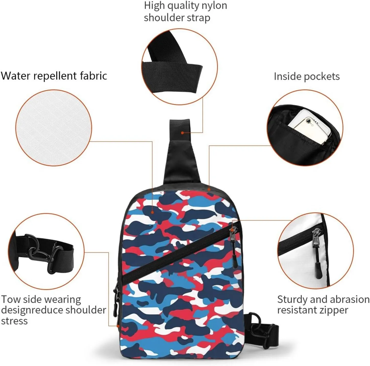 Red White Blue Camouflage American Flag Portable Sling Bags Packable Crossbody Bag Foldable Sport Daypack Reusable Shoulder Backpack Diagonally Chest Bag for Workout Travel