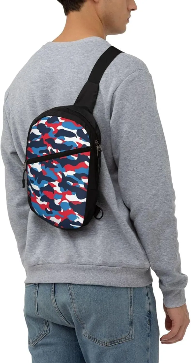 Red White Blue Camouflage American Flag Portable Sling Bags Packable Crossbody Bag Foldable Sport Daypack Reusable Shoulder Backpack Diagonally Chest Bag for Workout Travel