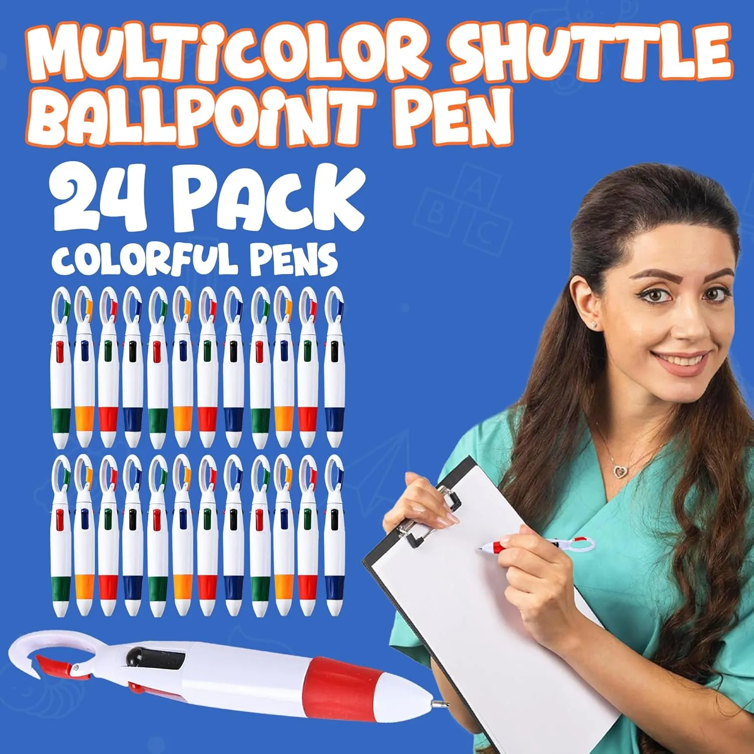 Retractable Shuttle Pens with Carabiner Clip- Pack of 24 Bulk Mini 4-in-1 Multi-Colored Ink Ballpoint Pens with Keychain for Adults, Kids, Nurses, School, Office, Stocking Stuffer Gifts, Party Favors