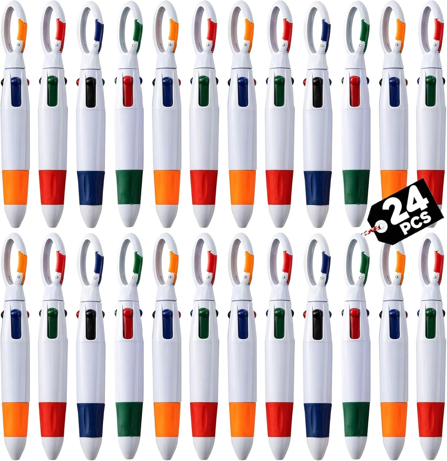 Retractable Shuttle Pens with Carabiner Clip- Pack of 24 Bulk Mini 4-in-1 Multi-Colored Ink Ballpoint Pens with Keychain for Adults, Kids, Nurses, School, Office, Stocking Stuffer Gifts, Party Favors