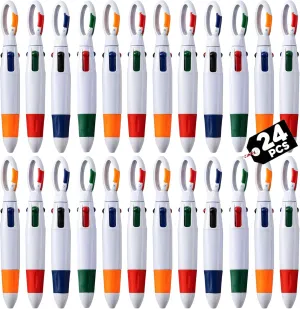 Retractable Shuttle Pens with Carabiner Clip- Pack of 24 Bulk Mini 4-in-1 Multi-Colored Ink Ballpoint Pens with Keychain for Adults, Kids, Nurses, School, Office, Stocking Stuffer Gifts, Party Favors