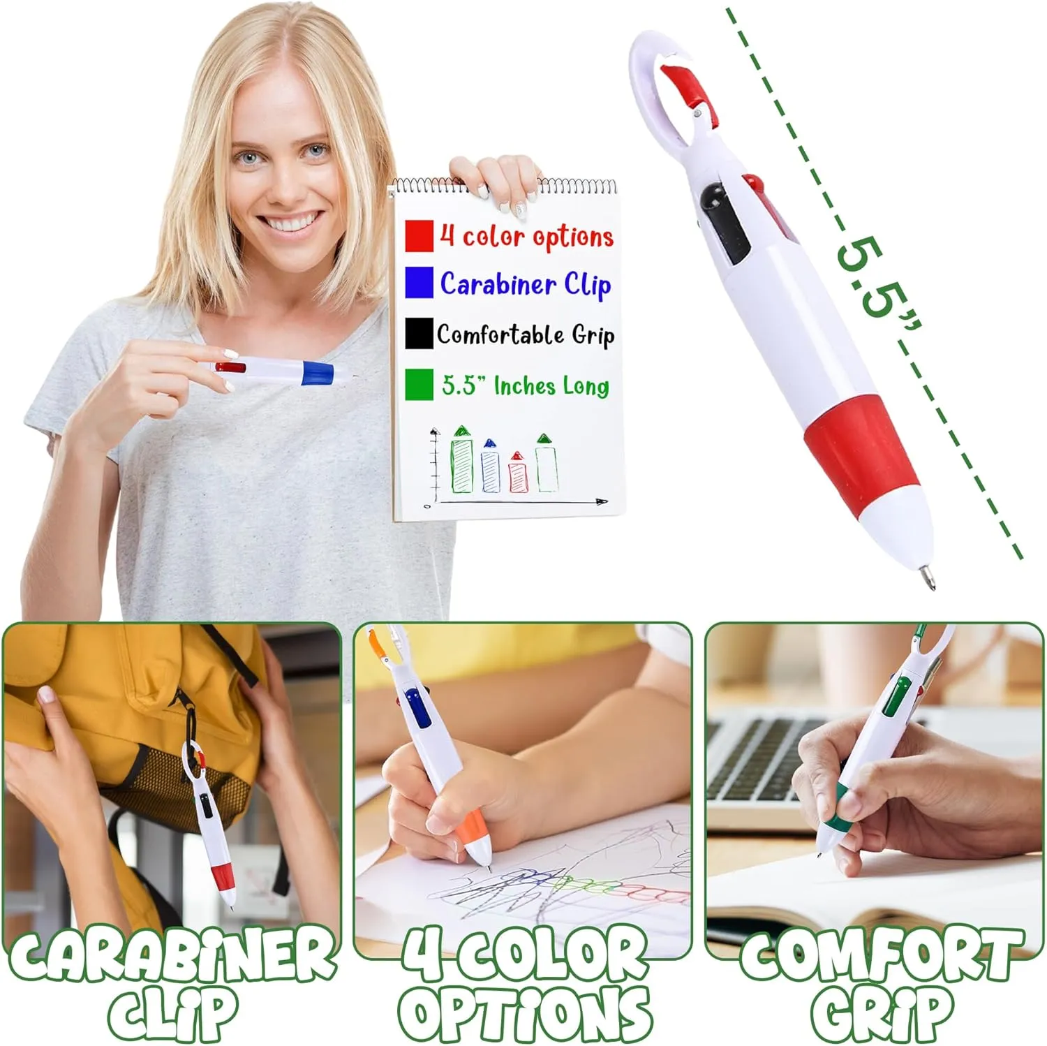 Retractable Shuttle Pens with Carabiner Clip- Pack of 24 Bulk Mini 4-in-1 Multi-Colored Ink Ballpoint Pens with Keychain for Adults, Kids, Nurses, School, Office, Stocking Stuffer Gifts, Party Favors