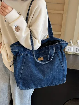 Retro Denim Tote Bag Large Capacity Women's Shoulder Bag with Zipper Fashion Handbag