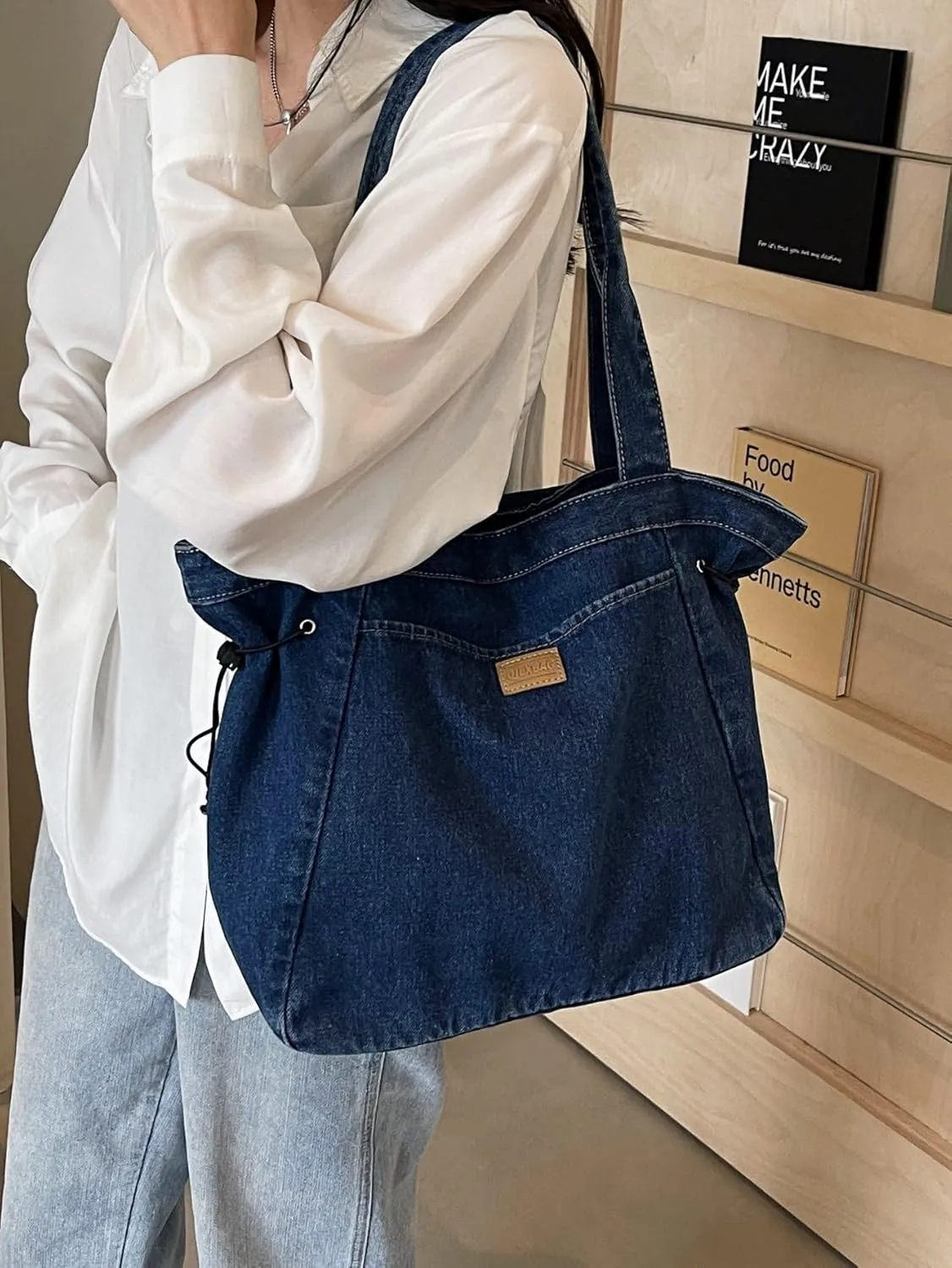 Retro Denim Tote Bag Large Capacity Women's Shoulder Bag with Zipper Fashion Handbag