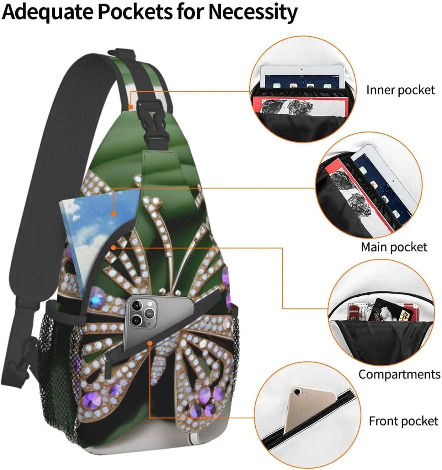 Rhinestone Butterfly Unisex Casual Diagonal Chest Bag,Multipurpose Crossbody Shoulder Bag Travel Hiking Daypack