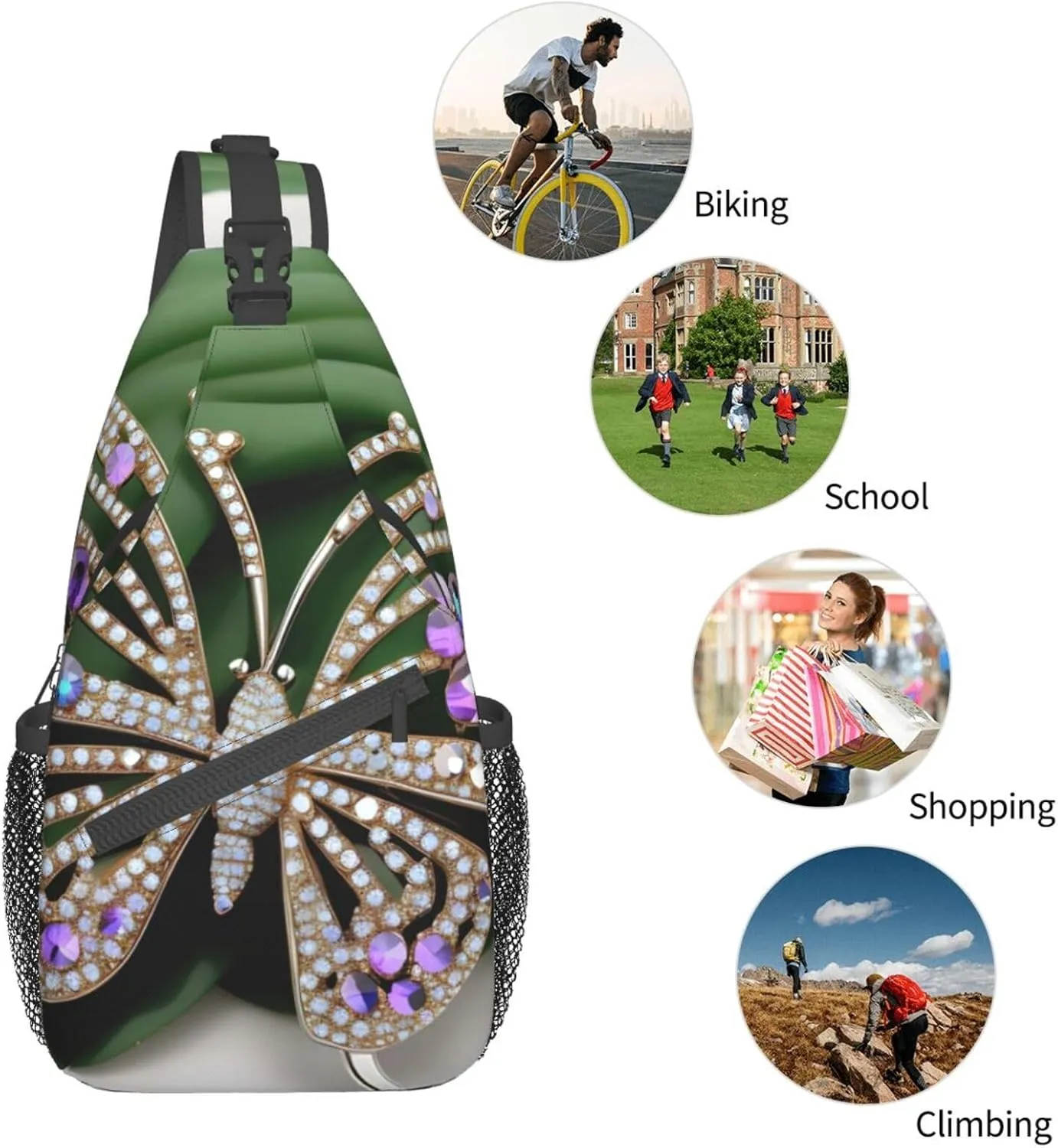 Rhinestone Butterfly Unisex Casual Diagonal Chest Bag,Multipurpose Crossbody Shoulder Bag Travel Hiking Daypack