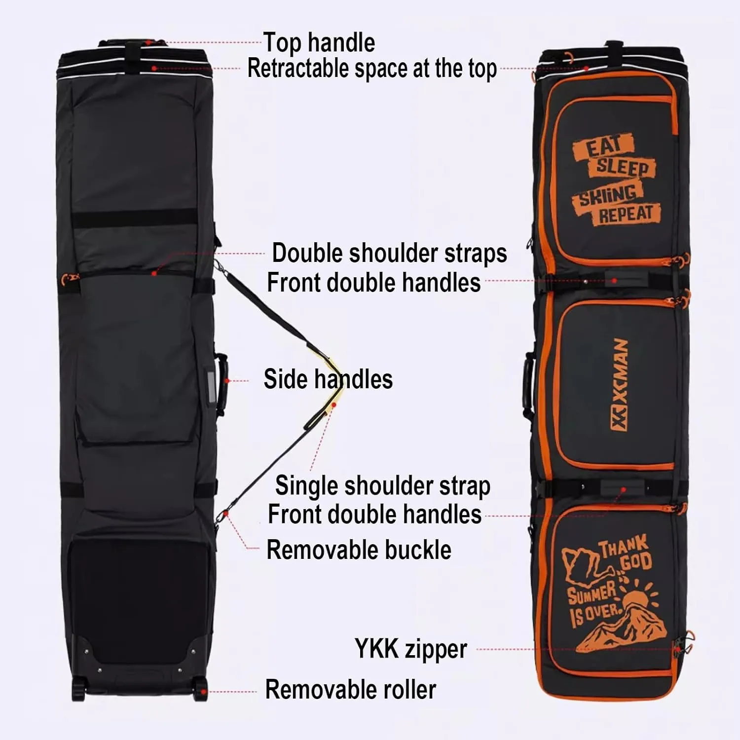 Roller Snowboard Bag with Wheels Double Rolling Ski Bag Snow Ski Bags for Air Travel Waterproof Roller Snowboard Bag Foldable Wheeled Ski Bag