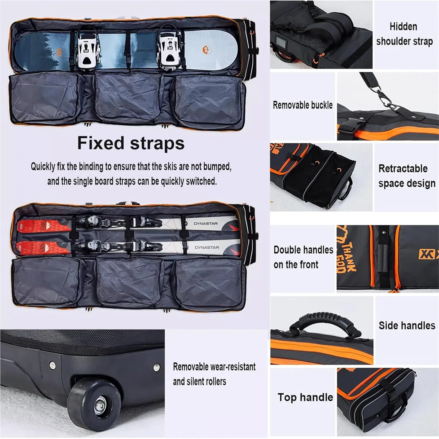 Roller Snowboard Bag with Wheels Double Rolling Ski Bag Snow Ski Bags for Air Travel Waterproof Roller Snowboard Bag Foldable Wheeled Ski Bag
